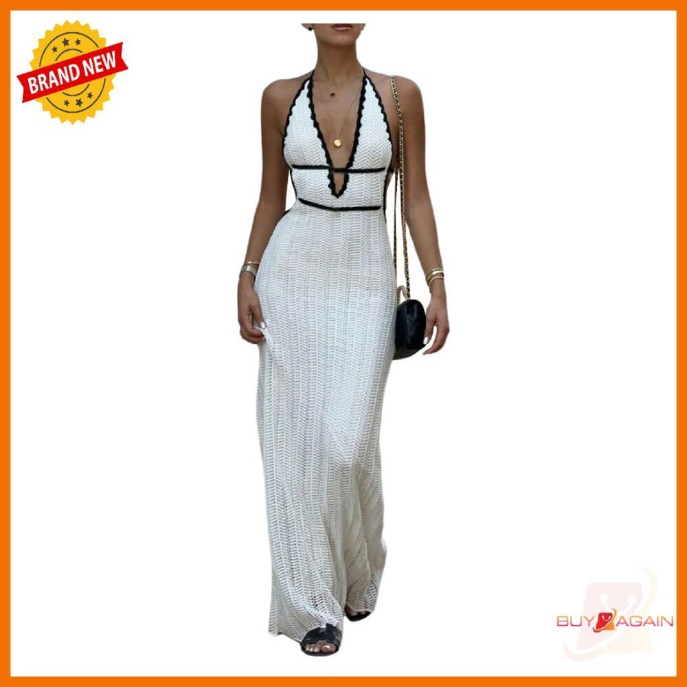 Tie Back Halter Maxi Dress Sleeveless Knit Elegant Deep V Neck
